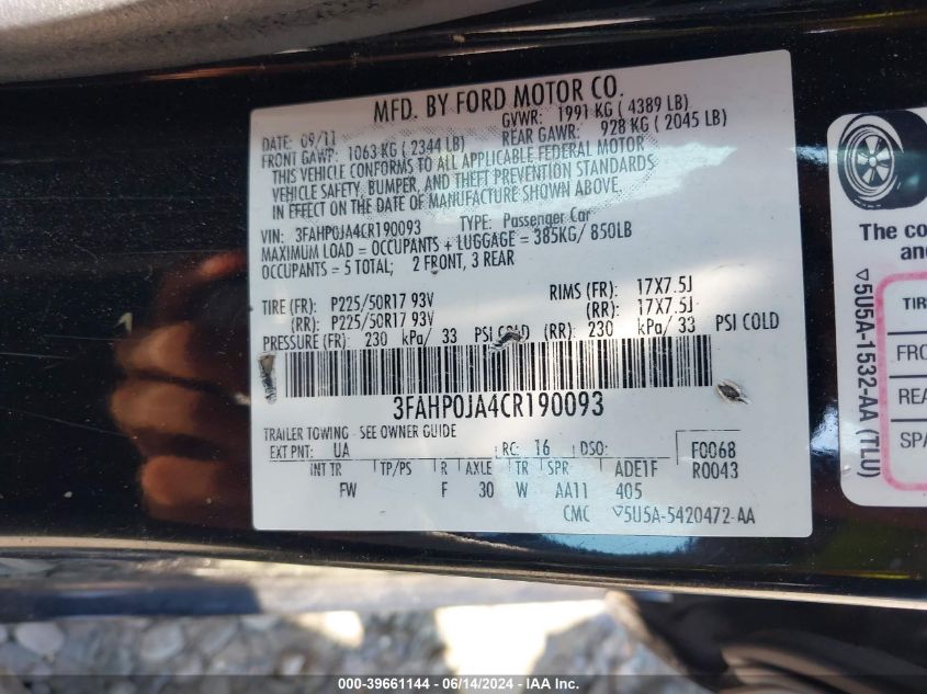 2012 Ford Fusion Sel VIN: 3FAHP0JA4CR190093 Lot: 39661144