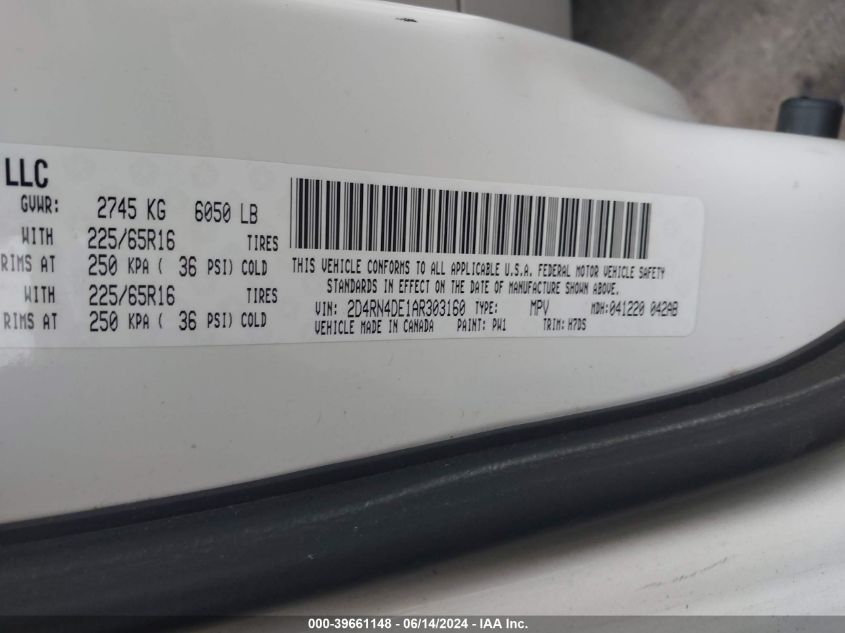 2010 Dodge Grand Caravan Se VIN: 2D4RN4DE1AR303160 Lot: 39661148