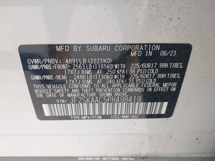 2023 Subaru Forester VIN: JF2SKAAC5PH498419 Lot: 39661160
