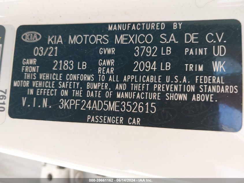2021 Kia Forte Lxs VIN: 3KPF24AD5ME352615 Lot: 39661162
