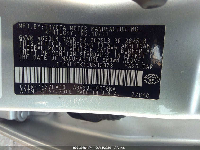 2012 Toyota Camry Xle VIN: 4T1BF1FK4CU513878 Lot: 39661171