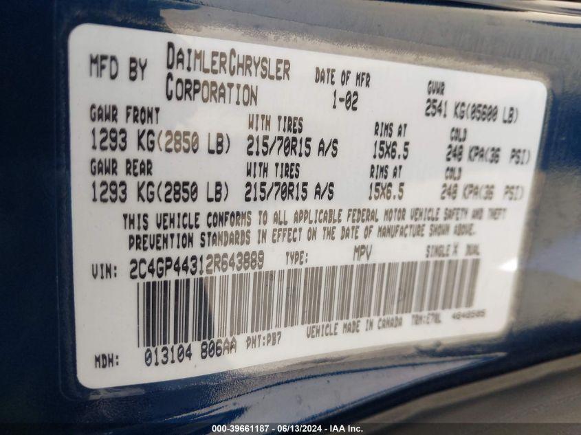 2002 Chrysler Town & Country Lx VIN: 2C4GP44312R643889 Lot: 39661187