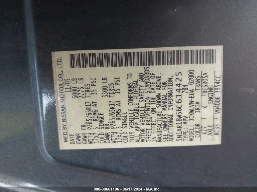 2006 Nissan Pathfinder Le/Se/Xe VIN: 5N1AR18W56C614425 Lot: 39661196