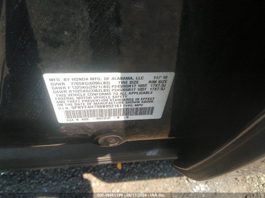 2011 Honda Pilot Ex-L VIN: 5FNYF4H79BB052161 Lot: 39661199