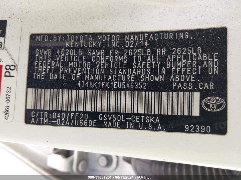 2014 Toyota Camry Se V6 VIN: 4T1BK1FK1EU546352 Lot: 39661201