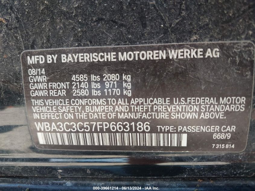 2015 BMW 320I xDrive VIN: WBA3C3C57FP663186 Lot: 39661214