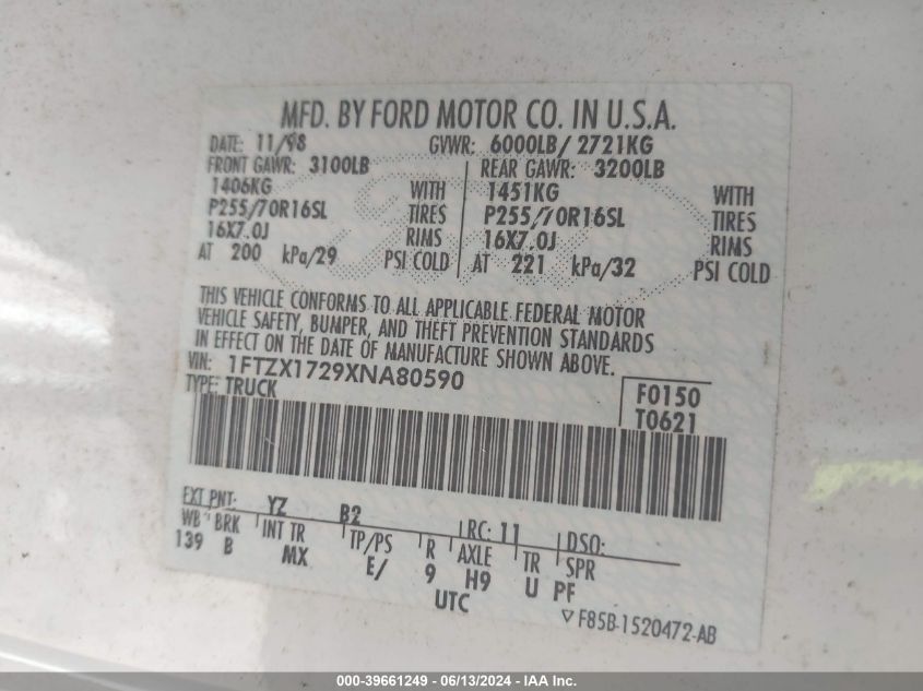 1FTZX1729XNA80590 1999 Ford F-150 Work Series/Xl/Xlt