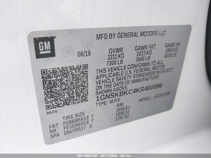 2019 Chevrolet Tahoe Lt VIN: 1GNSKBKC4KR400896 Lot: 39661251