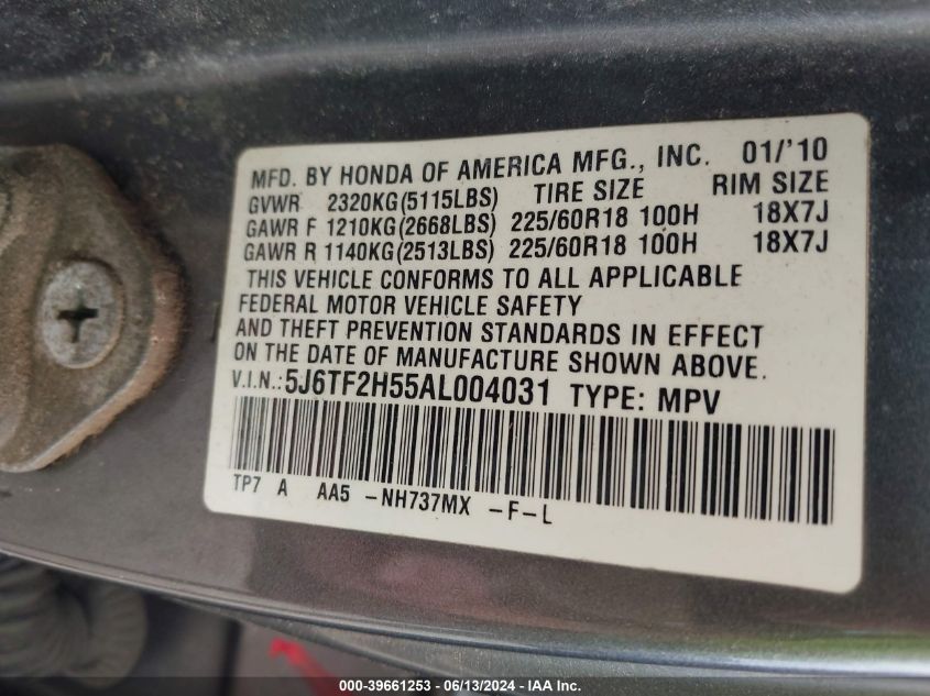 2010 Honda Accord Crosstour Ex-L VIN: 5J6TF2H55AL004031 Lot: 39661253