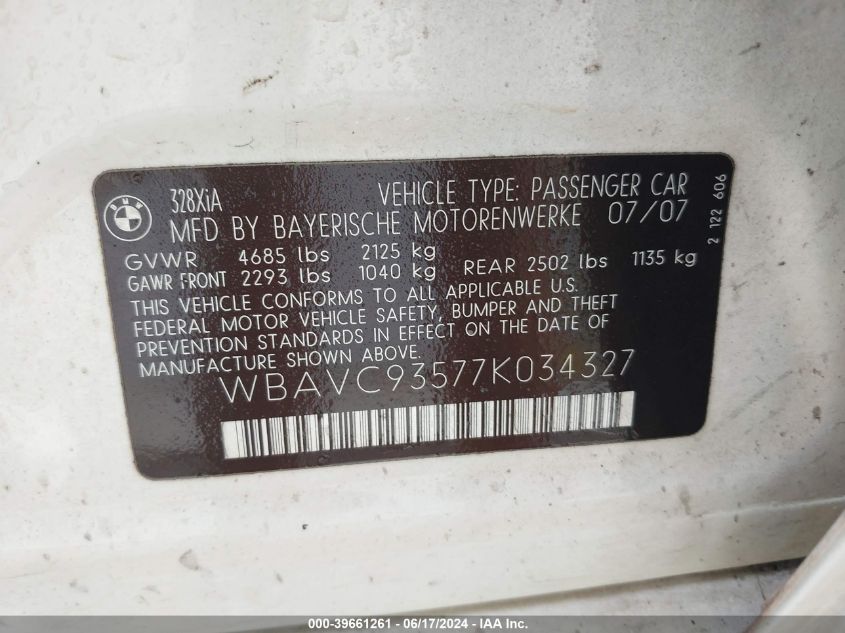 2007 BMW 328Xi VIN: WBAVC93577K034327 Lot: 39661261