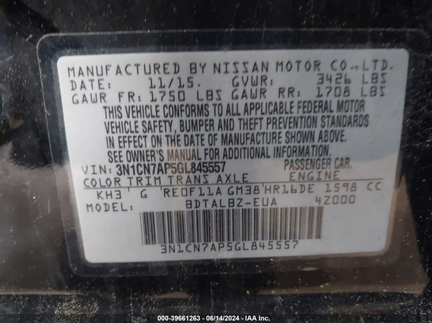 2016 Nissan Versa 1.6 Sv VIN: 3N1CN7AP5GL845557 Lot: 39661263