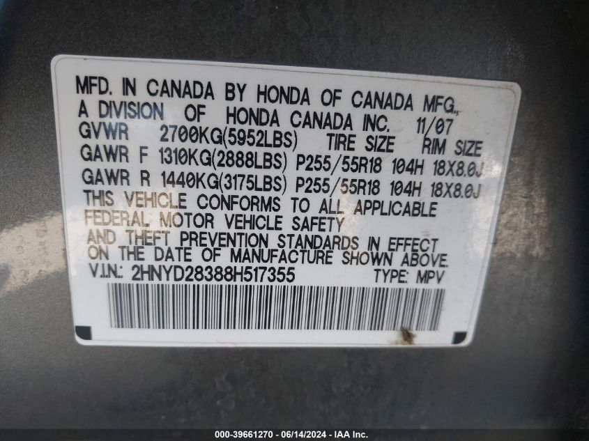 2008 Acura Mdx Technology Package VIN: 2HNYD28388H517355 Lot: 39661270