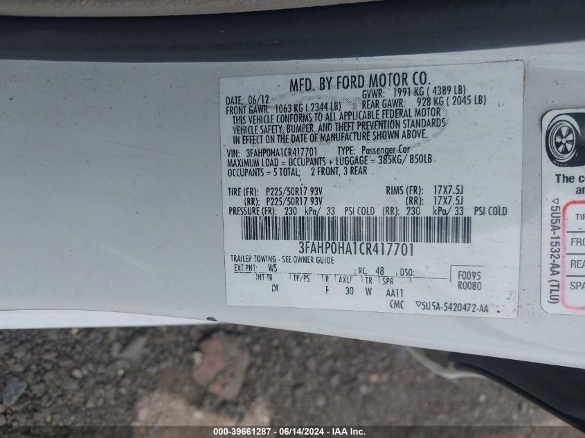 3FAHP0HA1CR417701 | 2012 FORD FUSION