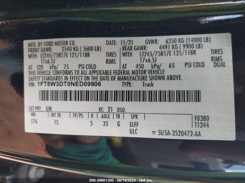 2022 Ford F-350 Xl VIN: 1FT8W3DT0NED09906 Lot: 39661300