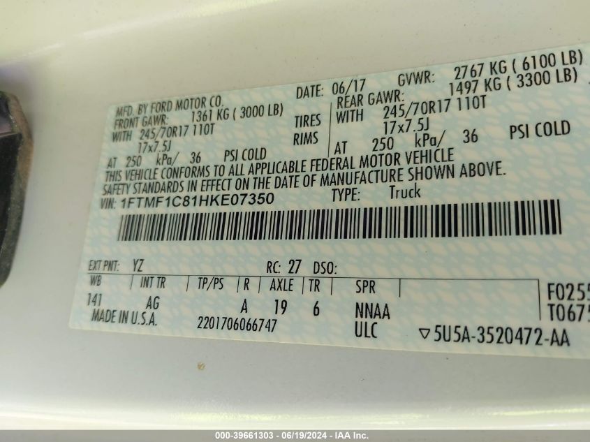 2017 Ford F-150 Xl VIN: 1FTMF1C81HKE07350 Lot: 39661303