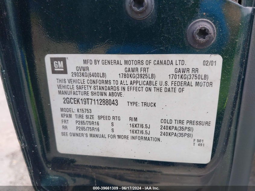 2001 Chevrolet Silverado 1500 Ls VIN: 2GCEK19T711288043 Lot: 39661309