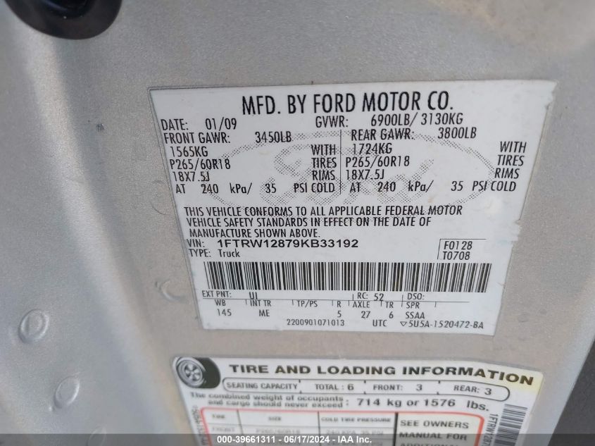 2009 Ford F-150 Xlt VIN: 1FTRW12879KB33192 Lot: 39661311