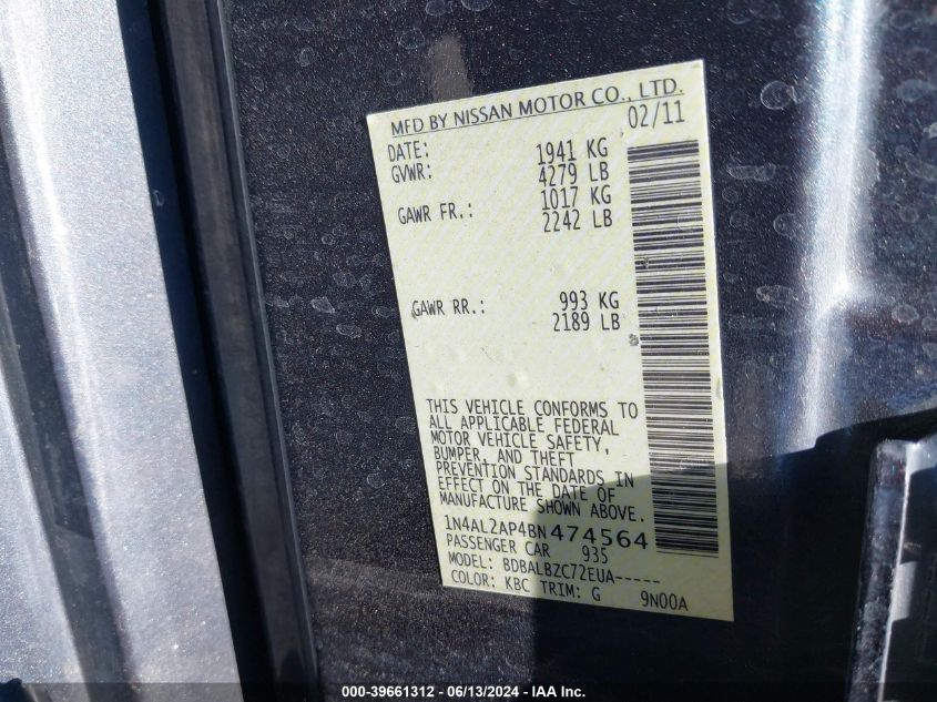 2011 Nissan Altima 2.5 S VIN: 1N4AL2AP4BN474564 Lot: 39661312