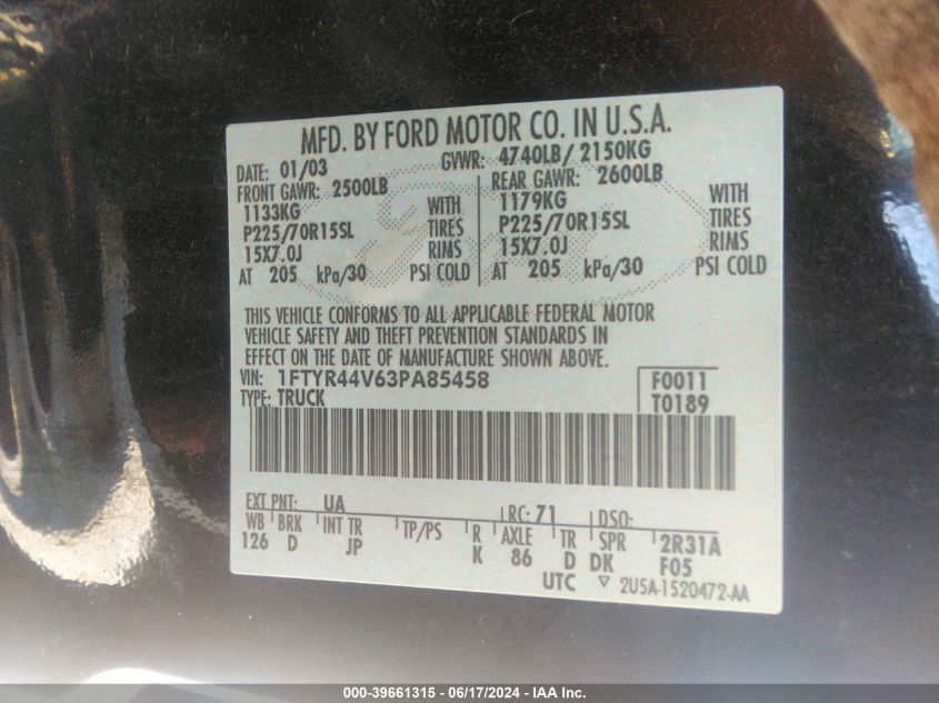 2003 Ford Ranger Edge/Tremor/Xlt VIN: 1FTYR44V63PA85458 Lot: 39661315