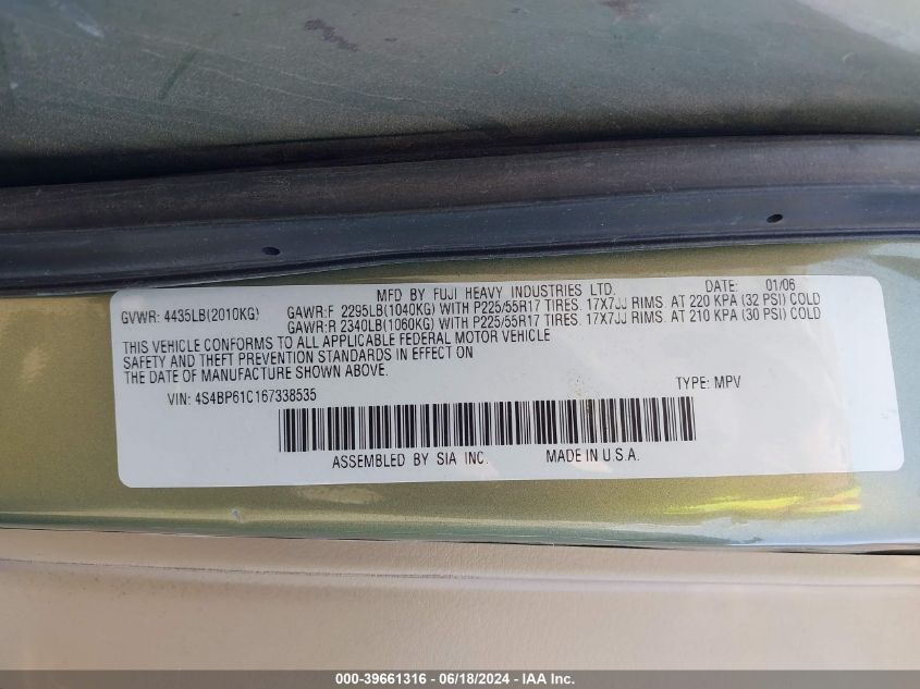 2006 Subaru Outback 2.5I VIN: 4S4BP61C167338535 Lot: 39661316