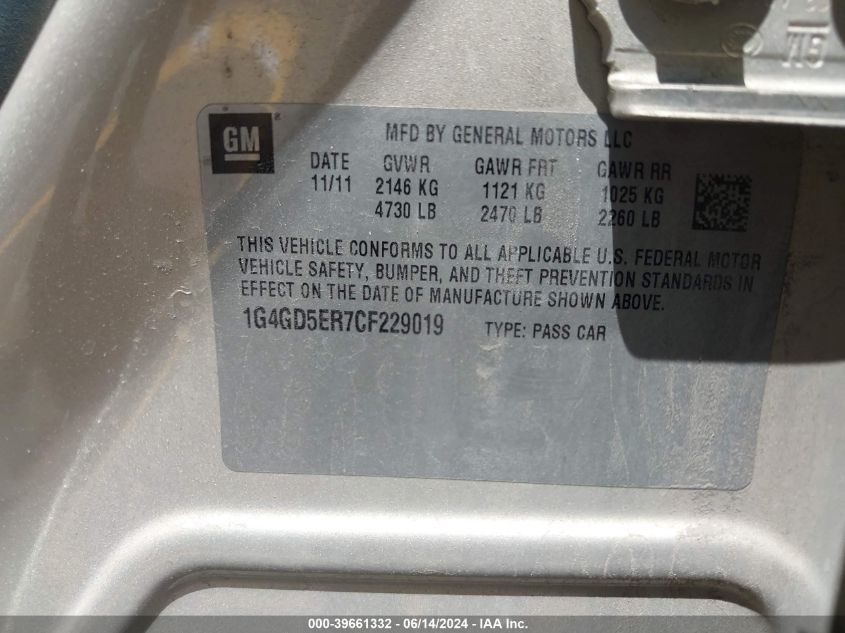 2012 Buick Lacrosse Premium 1 Group VIN: 1G4GD5ER7CF229019 Lot: 39661332