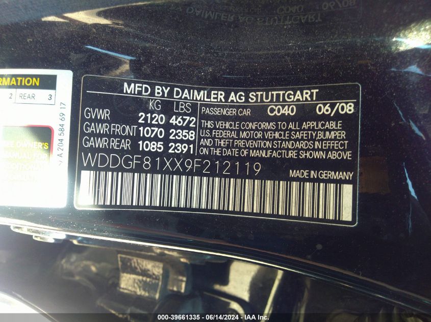 2009 Mercedes-Benz C 300 Luxury 4Matic/Sport 4Matic VIN: WDDGF81XX9F212119 Lot: 39661335