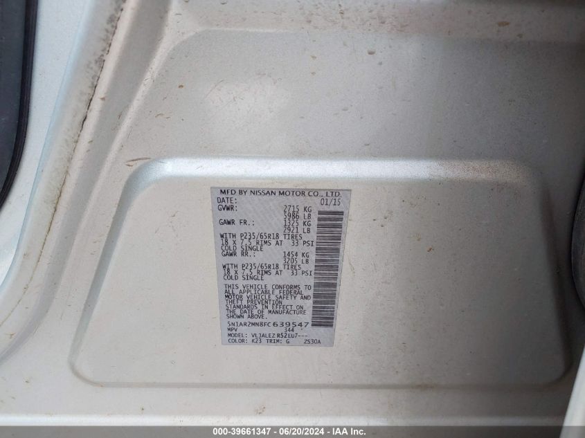 2015 Nissan Pathfinder Platinum/S/Sl/Sv VIN: 5N1AR2MN8FC639547 Lot: 39661347