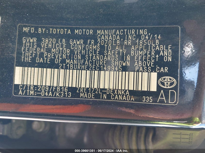 2014 Toyota Corolla Le VIN: 2T1BURHE2EC149945 Lot: 39661351