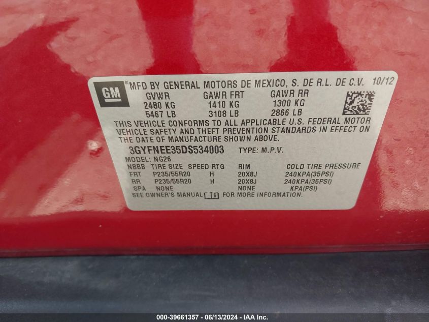 2013 Cadillac Srx Premium Collection VIN: 3GYFNEE35DS534003 Lot: 39661357