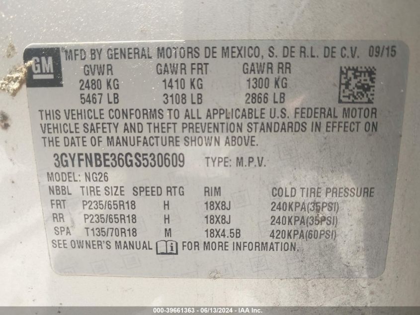 2016 Cadillac Srx Luxury Collection VIN: 3GYFNBE36GS530609 Lot: 39661363