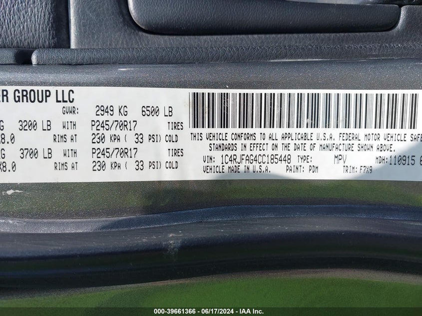 2012 Jeep Grand Cherokee Laredo VIN: 1C4RJFAG4CC185448 Lot: 39661366