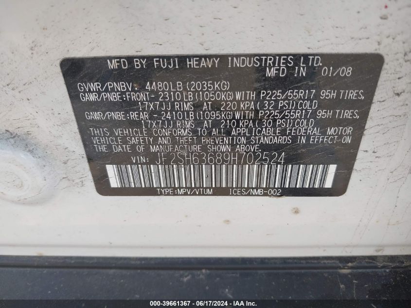 2009 Subaru Forester 2.5X VIN: JF2SH63689H702524 Lot: 39661367