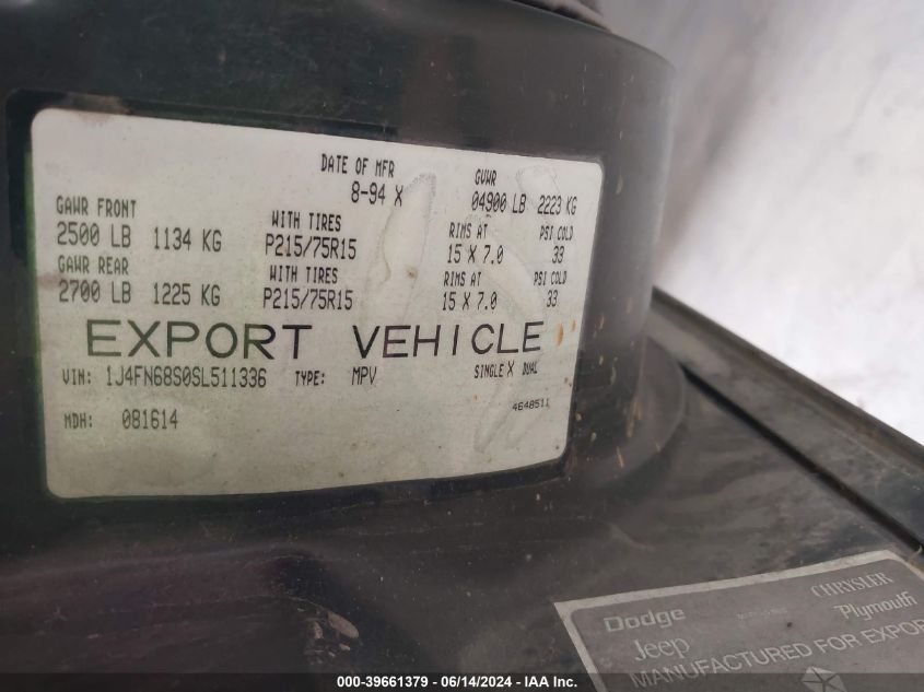 1995 Jeep Cherokee Sport VIN: 1J4FN68S0SL511336 Lot: 39661379