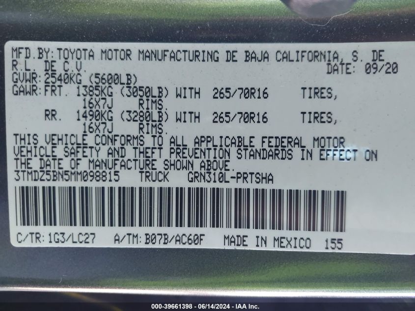 2021 Toyota Tacoma Trd Off-Road VIN: 3TMDZ5BN5MM098815 Lot: 39661398