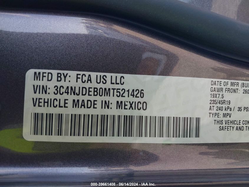 2021 Jeep Compass 80Th Anniversary 4X4 VIN: 3C4NJDEB0MT521426 Lot: 39661408