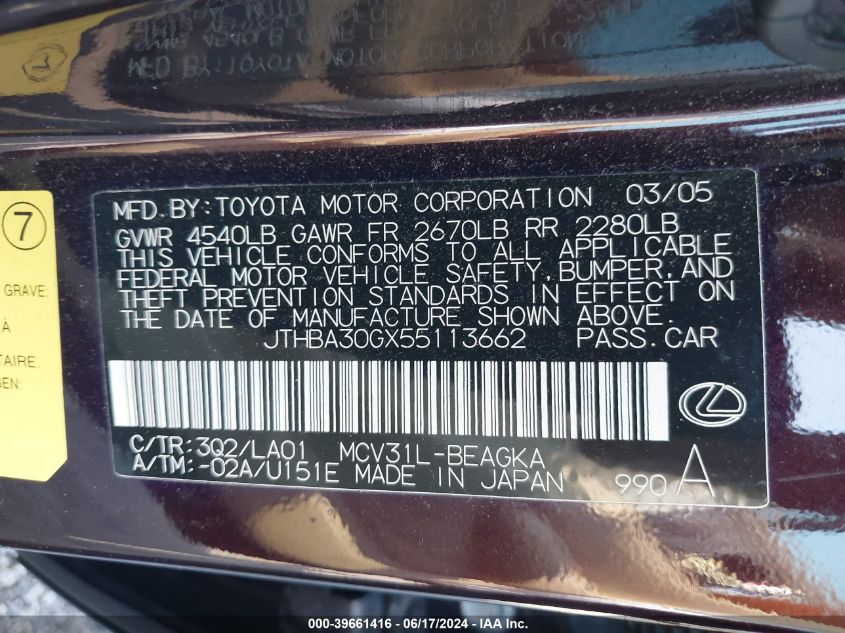 JTHBA30GX55113662 | 2005 LEXUS ES 330