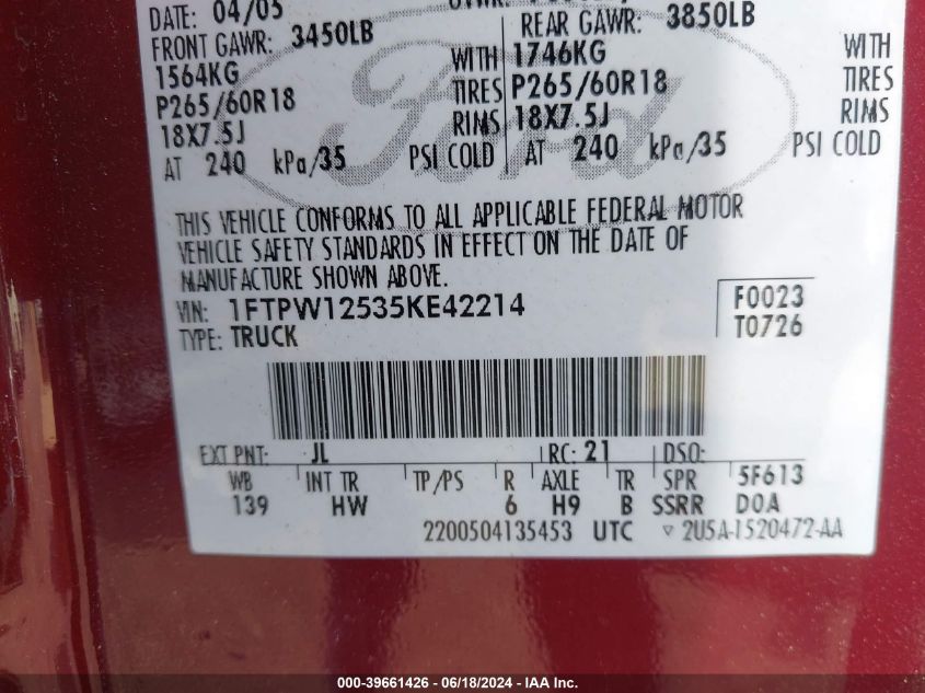 2005 Ford F-150 Lariat/Xlt VIN: 1FTPW12535KE42214 Lot: 39661426