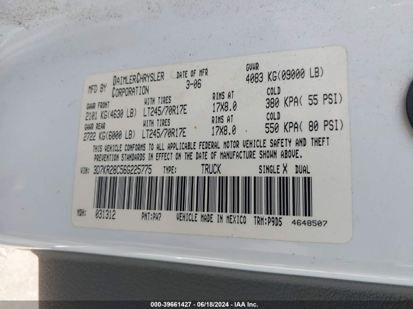 2006 Dodge Ram 2500 St VIN: 3D7KR28C56G225775 Lot: 39661427