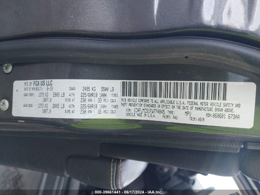 2015 Jeep Cherokee Latitude Altitude VIN: 1C4PJMCS1FW774845 Lot: 39661441