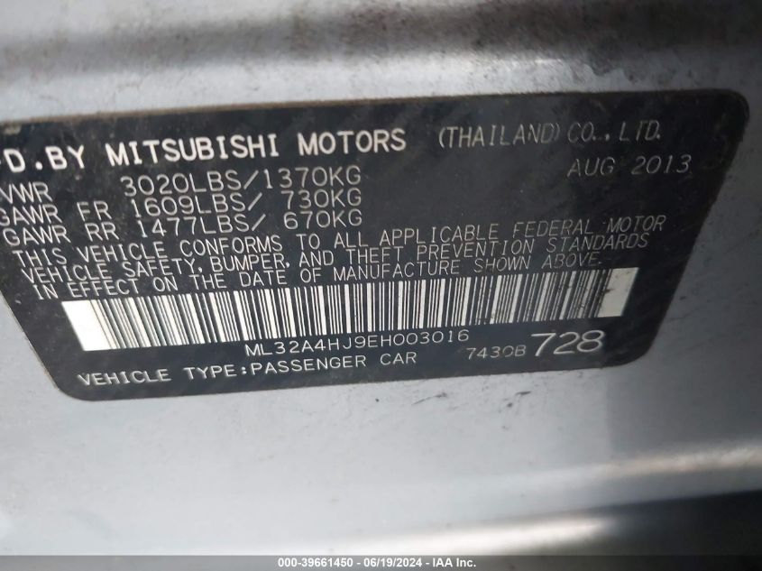 2014 Mitsubishi Mirage Es VIN: ML32A4HJ9EH003016 Lot: 39661450