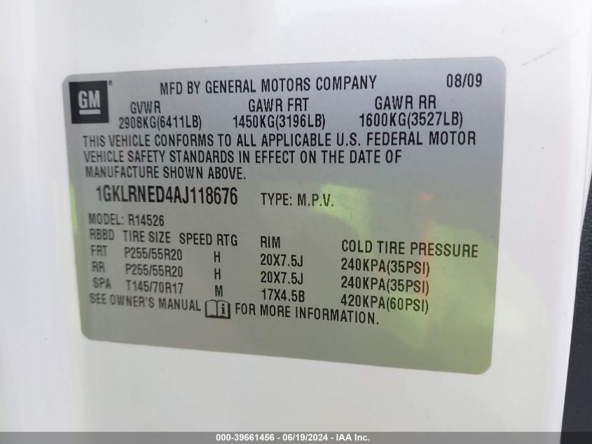 2010 GMC Acadia Slt-2 VIN: 1GKLRNED4AJ118676 Lot: 39661456