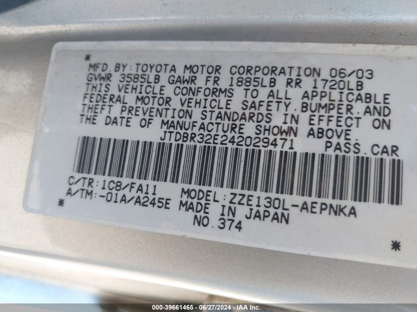 2004 Toyota Corolla Ce/Le VIN: JTDBR32E242029471 Lot: 39661465