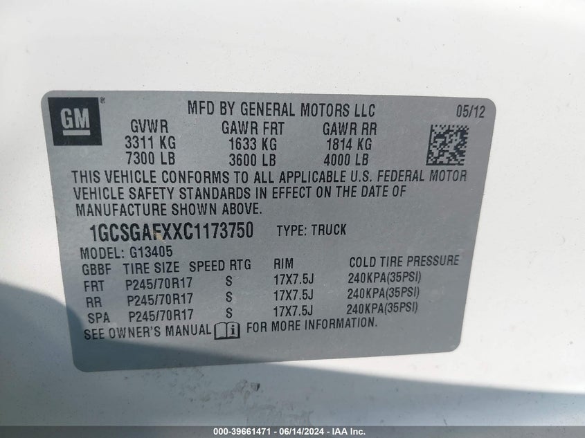 2012 Chevrolet Express 1500 Work Van VIN: 1GCSGAFXXC1173750 Lot: 39661471