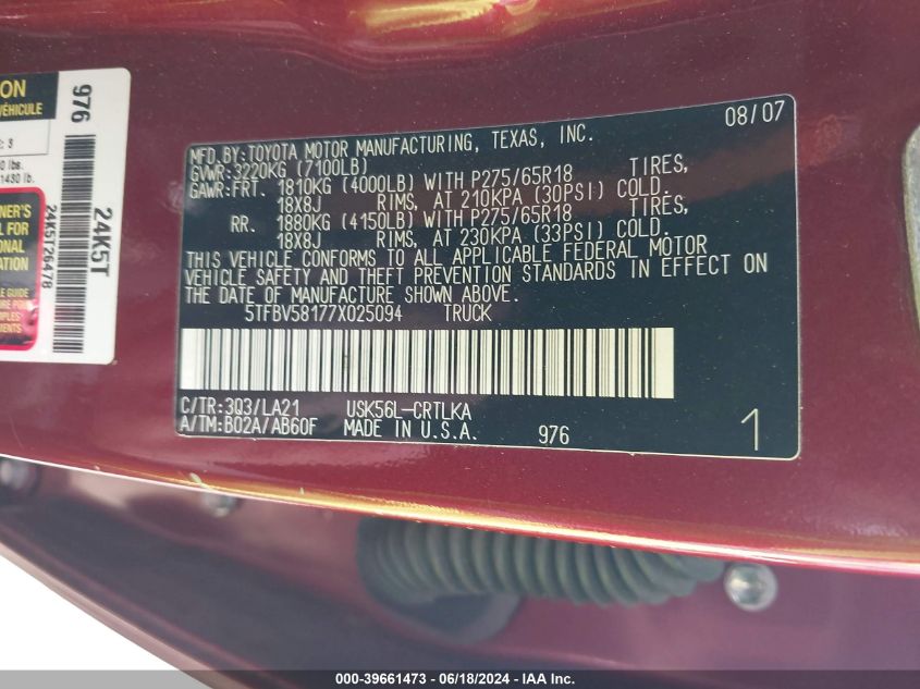 2007 Toyota Tundra Limited 5.7L V8 VIN: 5TFBV58177X025094 Lot: 39661473