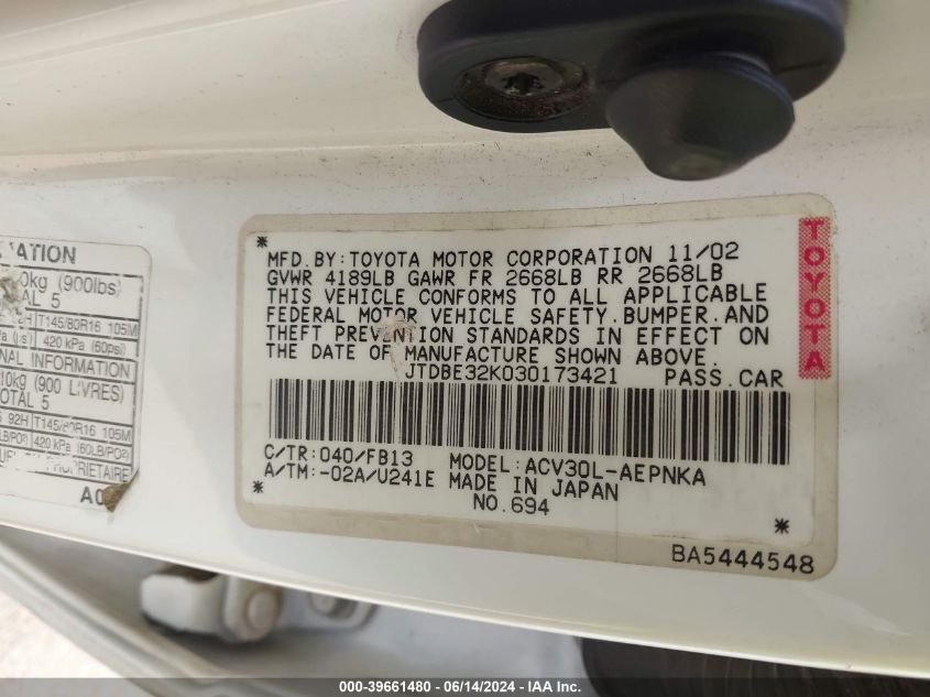 2003 Toyota Camry Le VIN: JTDBE32K030173421 Lot: 39661480