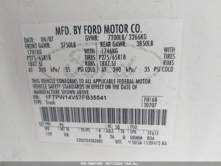 2007 Ford F150 Supercrew VIN: 1FTPW14V57FB35541 Lot: 39661486