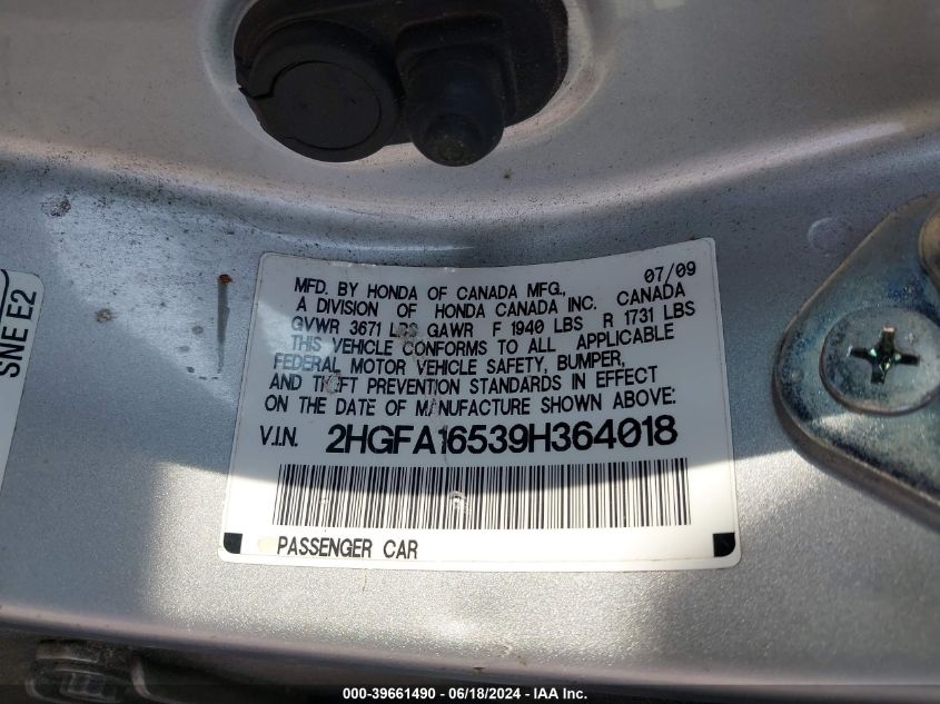 2009 Honda Civic Lx VIN: 2HGFA16539H364018 Lot: 39661490