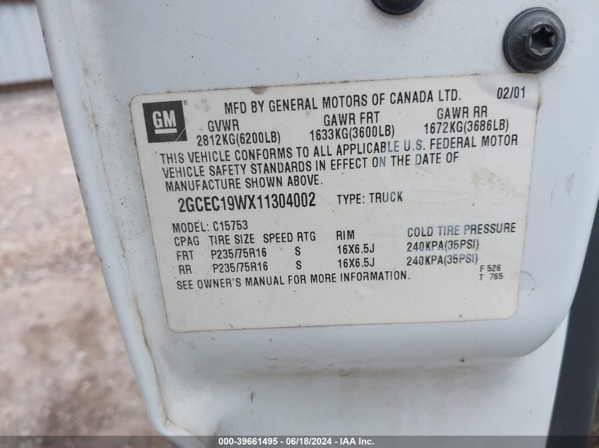 2001 Chevrolet Silverado 1500 VIN: 2GCEC19WX11304002 Lot: 39661495