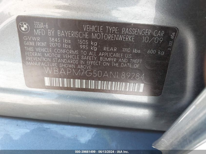 2010 BMW 335I VIN: WBAPM7G50ANL89284 Lot: 39661499