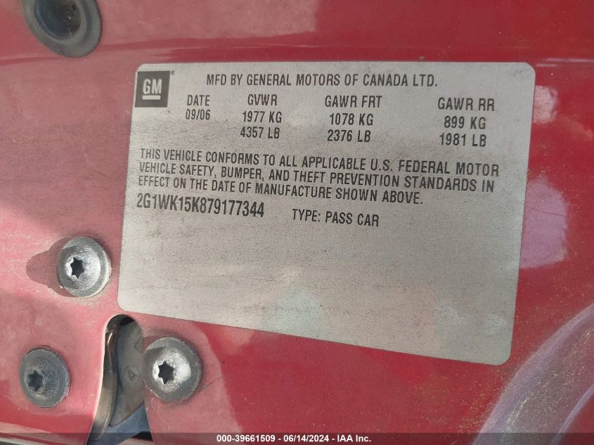 2007 Chevrolet Monte Carlo Lt VIN: 2G1WK15K879177344 Lot: 39661509